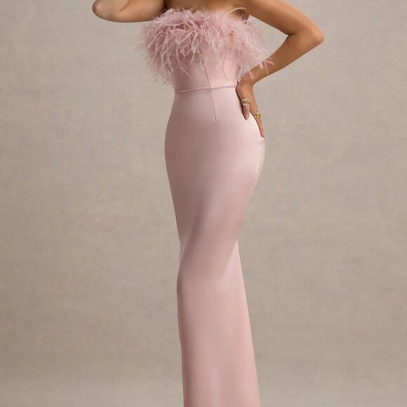 Club London Pale Pink Satin Feather Trim Bandeau Maxi Dress - Picture 3 of 6